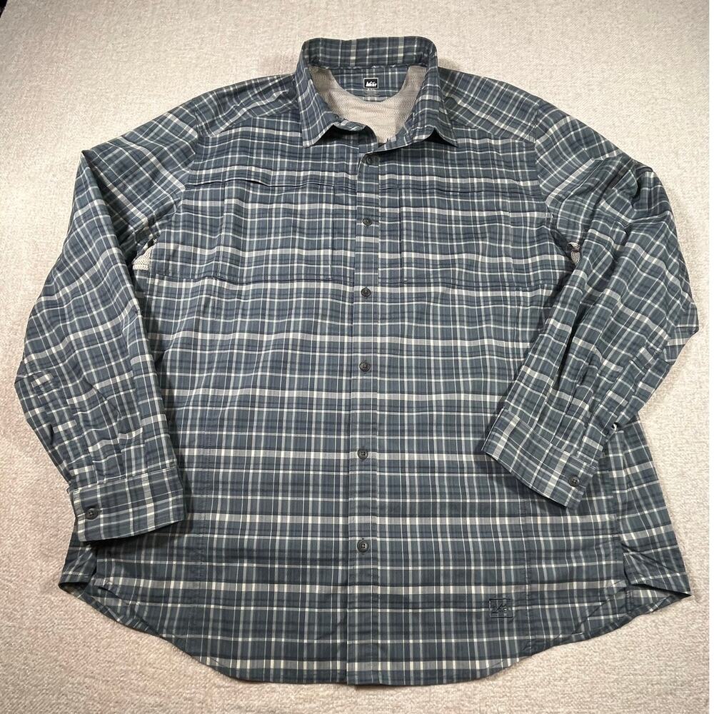 REI Mens XXL Gray Green Sahara Tech Plaid Long Sleeve Vented Hiking Shirt 884147